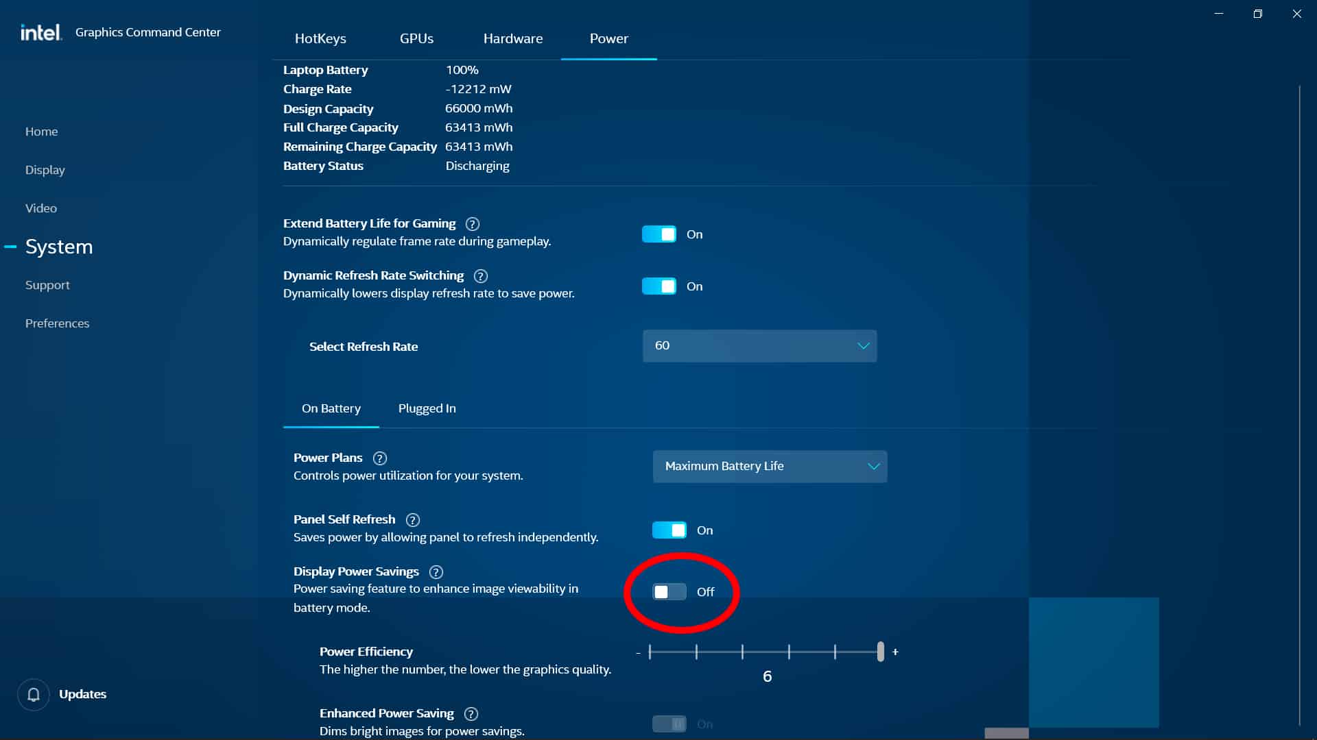 A screenshot indicating how to find and turn off the "Display Power Savings" setting in the Intel Graphics Command Center.