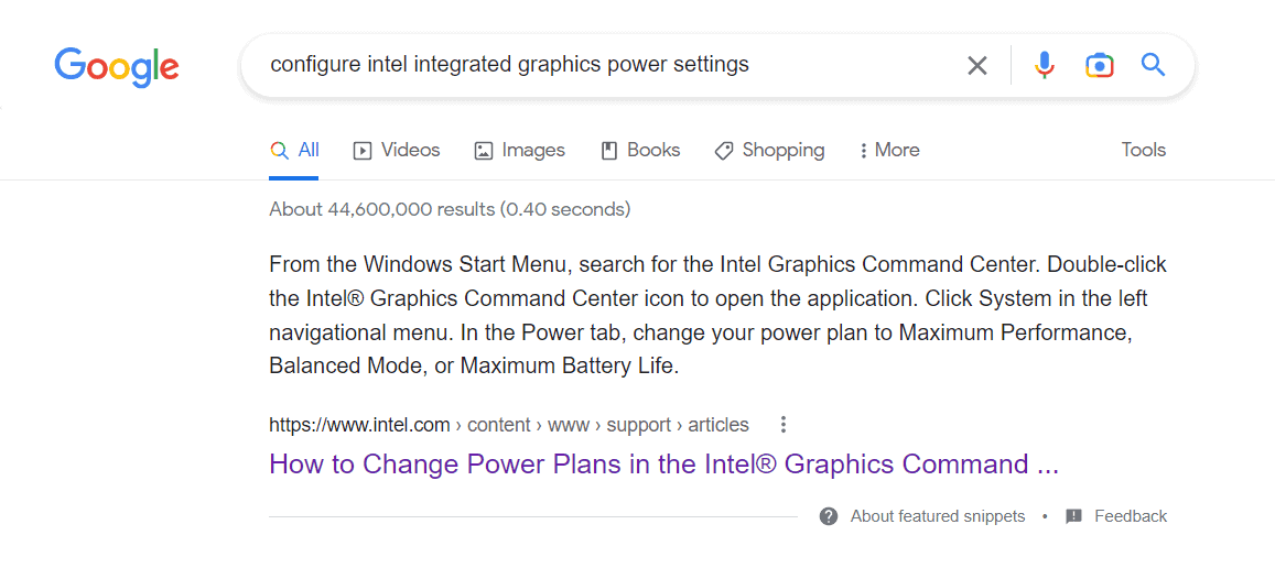 A screenshot of the final Google Search result after an extensive bout of reasoning and researching, looking for a way to prevent my laptop display quality from degrading when it is unplugged.