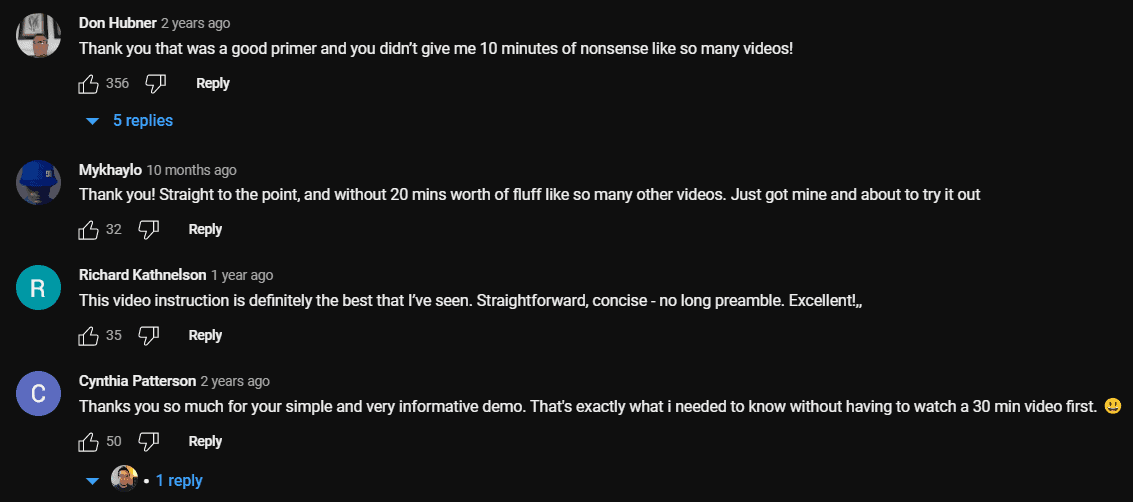 A screenshot of some top-rated YouTube comments thanking the video creator for being straightforward and concise.